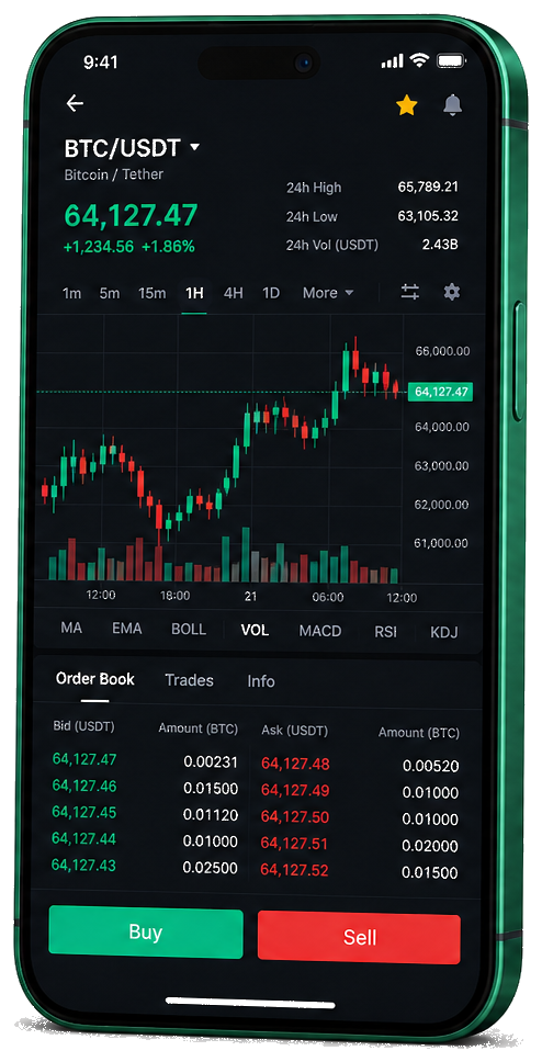 Avinovapro trading platform on mobile — live BTC/USDT chart, order book, and buy/sell interface